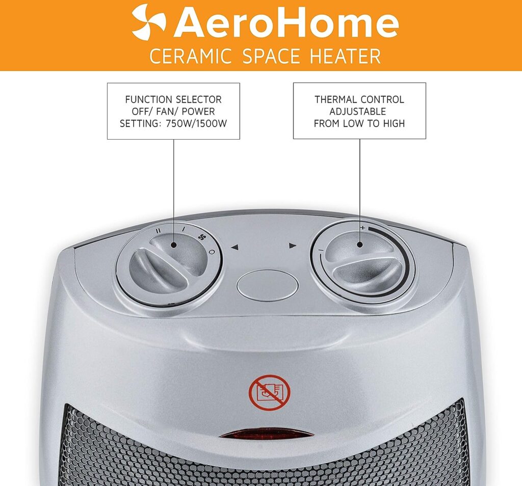 AeroHome 1500W / 750W Ceramic Portable Space Heater Indoor Electric Heater with Overheat  Tip Over Protection - Personal Room Heater with Thermostat Control for Home Bedroom and Office