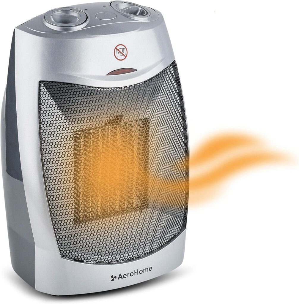 AeroHome 1500W / 750W Ceramic Portable Space Heater Indoor Electric Heater with Overheat  Tip Over Protection - Personal Room Heater with Thermostat Control for Home Bedroom and Office