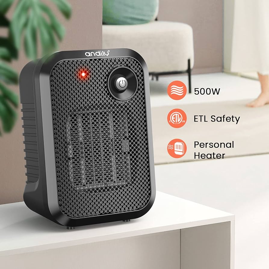 andily 500W Space Electric Small Heater for HomeOffice Indoor Use on Desk with Safety Power Switch PTC BLACK