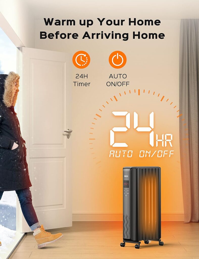 Dreo Radiator Heater, Upgrade 1500W Electric Portable Space Oil Filled Heater with Remote Control, 4 Modes, Overheat  Tip-Over Protection, 24h Timer, Digital Thermostat, Quiet, Indoor