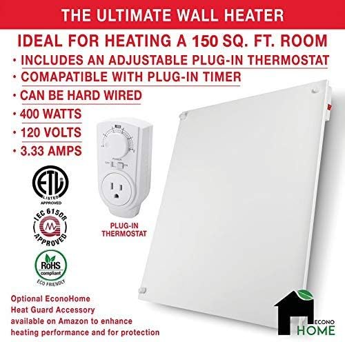 EconoHome Wall Mount Space Heater Panel - with Thermostat - 400 Watt Convection Heater - Ideal for 120 Sq Ft Room - 120V Electric Heater