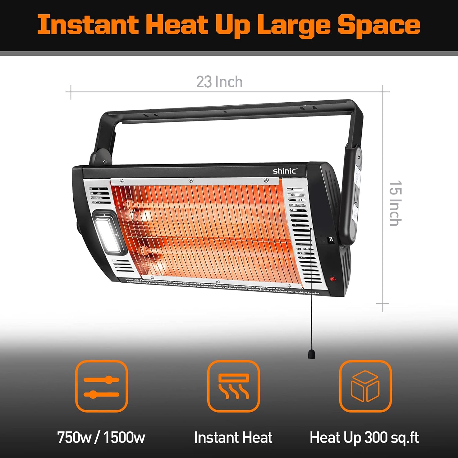 Electric Garage Heaters for Indoor Use, 1500W/750W Ceiling Mounted Radiant Quartz Heater with Work Light, 90° Rotation, 5 Mode Settings, Electric Heater for Garage, Shop, Patio Large Room