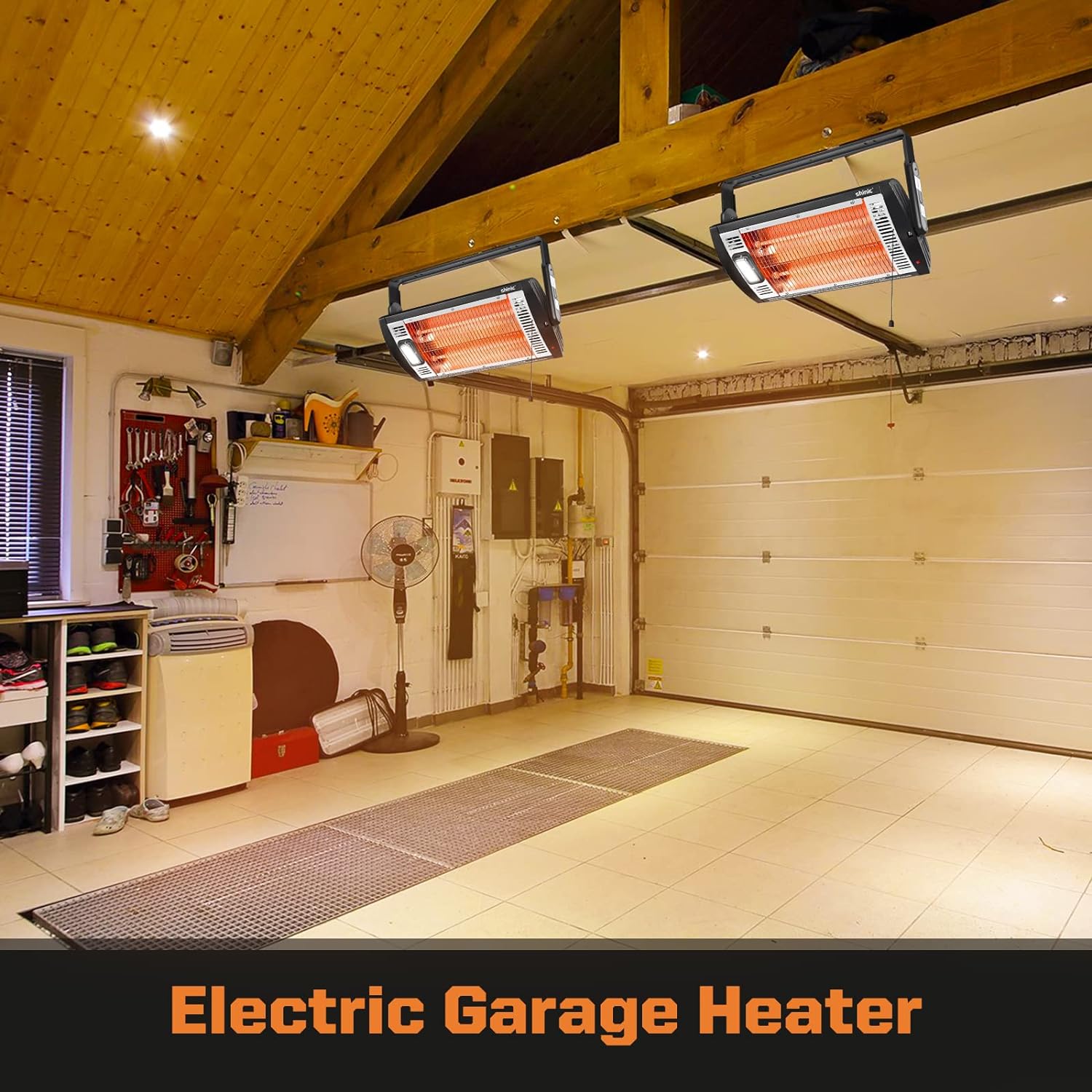 Electric Garage Heaters for Indoor Use, 1500W/750W Ceiling Mounted Radiant Quartz Heater with Work Light, 90° Rotation, 5 Mode Settings, Electric Heater for Garage, Shop, Patio Large Room