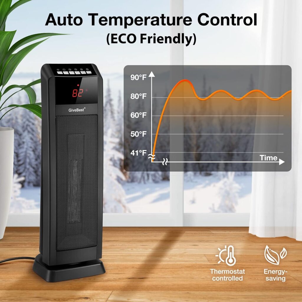 GiveBest Space Heater for Large Room, 24 Ceramic Tower Heater with Remote Control 1H to 8H Timer ETL Certified Digital Oscillating Heater with Overheat Protection Tip-Over Switch for Indoor Use