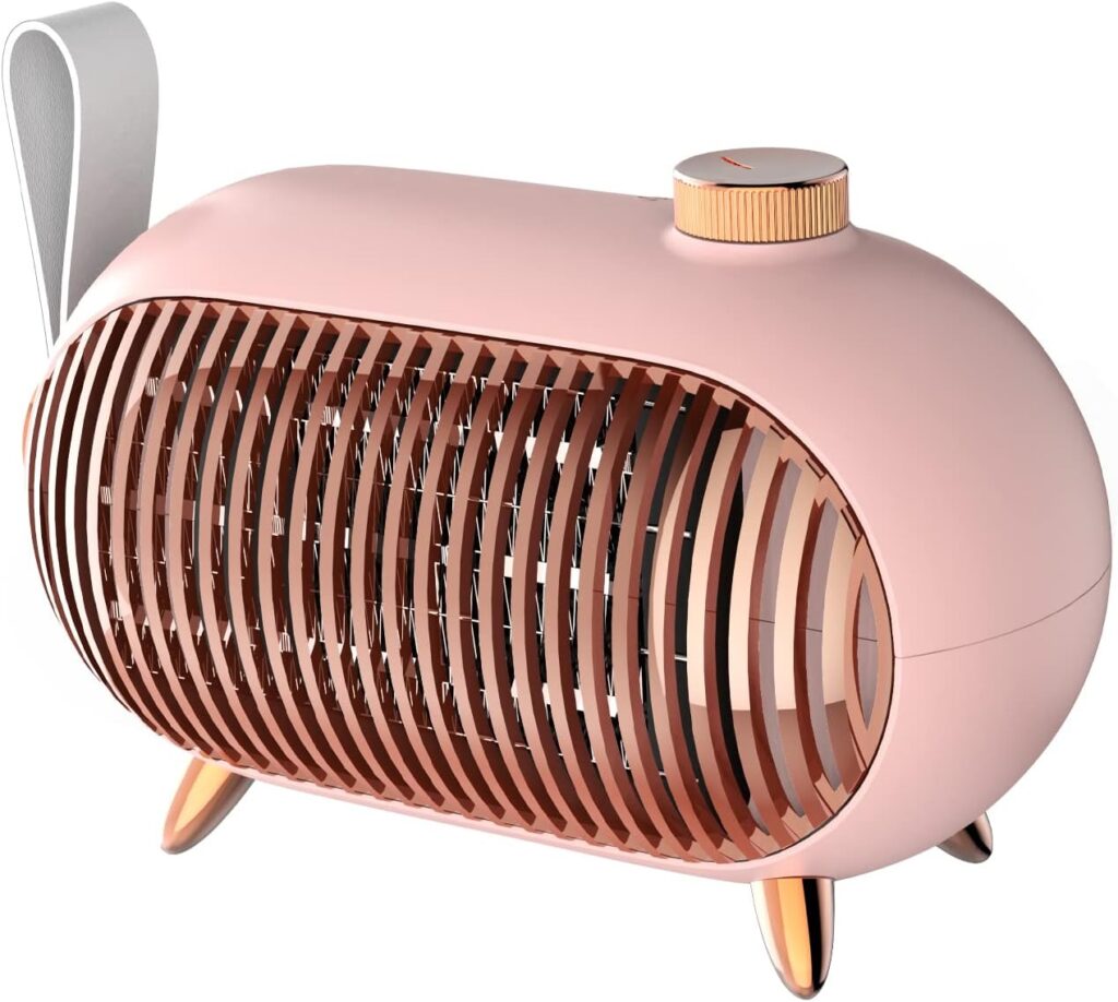 METKIIO Space Heater – Portable Mini Heater for Home and Office – Energy-Efficient Small Space Heater with Overheating Protection – Retro Heater for Bedroom, Camping Tent, RV Trailer,Vintage Pink