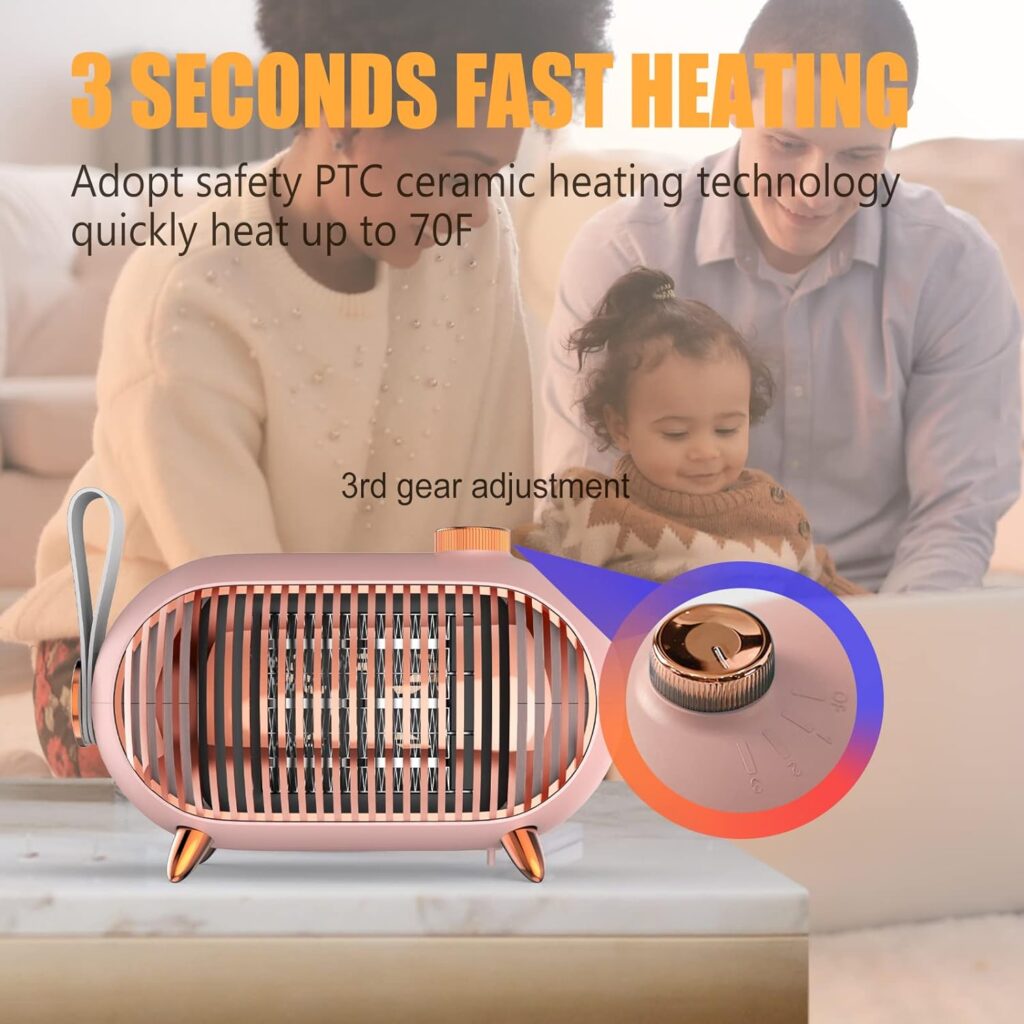METKIIO Space Heater – Portable Mini Heater for Home and Office – Energy-Efficient Small Space Heater with Overheating Protection – Retro Heater for Bedroom, Camping Tent, RV Trailer,Vintage Pink