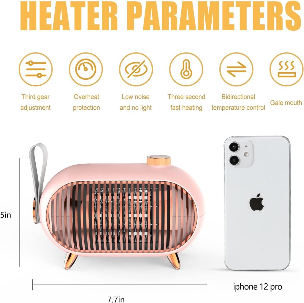 METKIIO Space Heater – Portable Mini Heater for Home and Office – Energy-Efficient Small Space Heater with Overheating Protection – Retro Heater for Bedroom, Camping Tent, RV Trailer,Vintage Pink