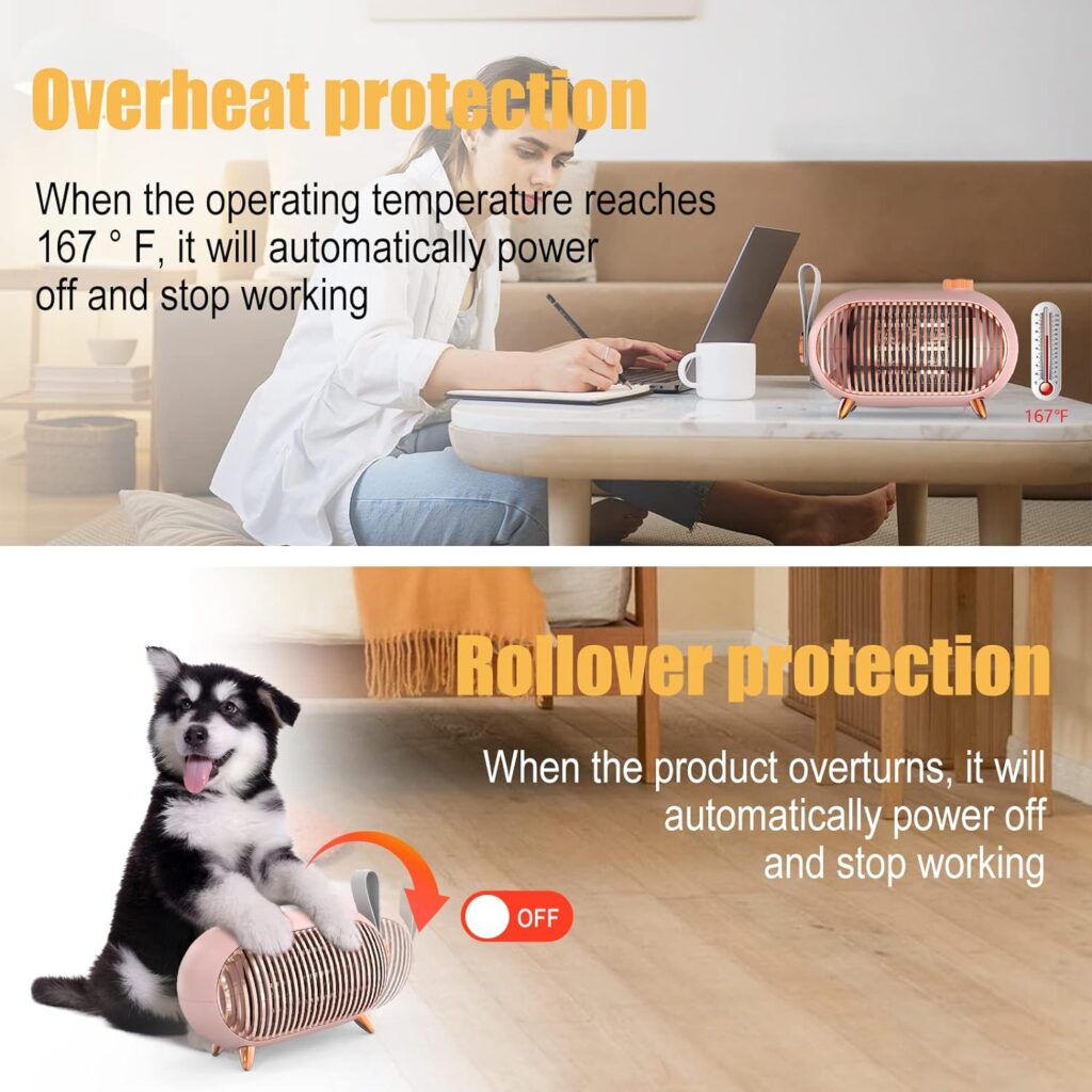 METKIIO Space Heater – Portable Mini Heater for Home and Office – Energy-Efficient Small Space Heater with Overheating Protection – Retro Heater for Bedroom, Camping Tent, RV Trailer,Vintage Pink