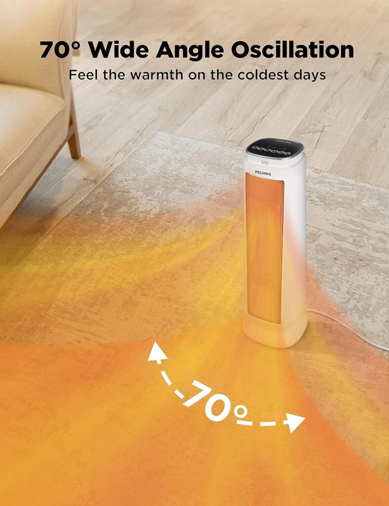 PELONIS PHTPU1501 Ceramic Tower 1500W Indoor Space Heater with Oscillation, Remote Control, Programmable Thermostat  8H Timer, ECO Mode, Tip-Over Switch  Overheating Protection, White