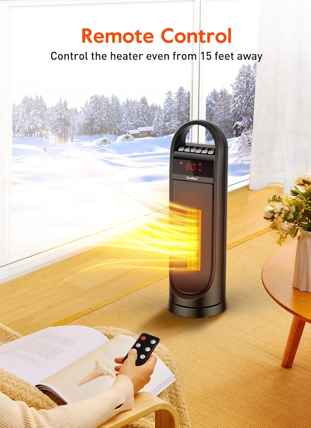 Portable Space Heater, Ceramic Quiet Heater 1500W/900W with Remote Control Built-in Timer, Thermostat, Overheat Tip-Over Protection, Electric Rotating Heater for Room Home Office