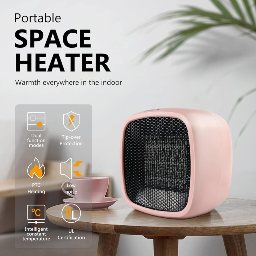Portable Space Heater, YOUCIDI 1000W/800W Ceramic Electric Heater, Compact Small Warmer, Heat Up in 2 Seconds, Safe and Quiet for Office Room Desk Indoor Use (Pink)