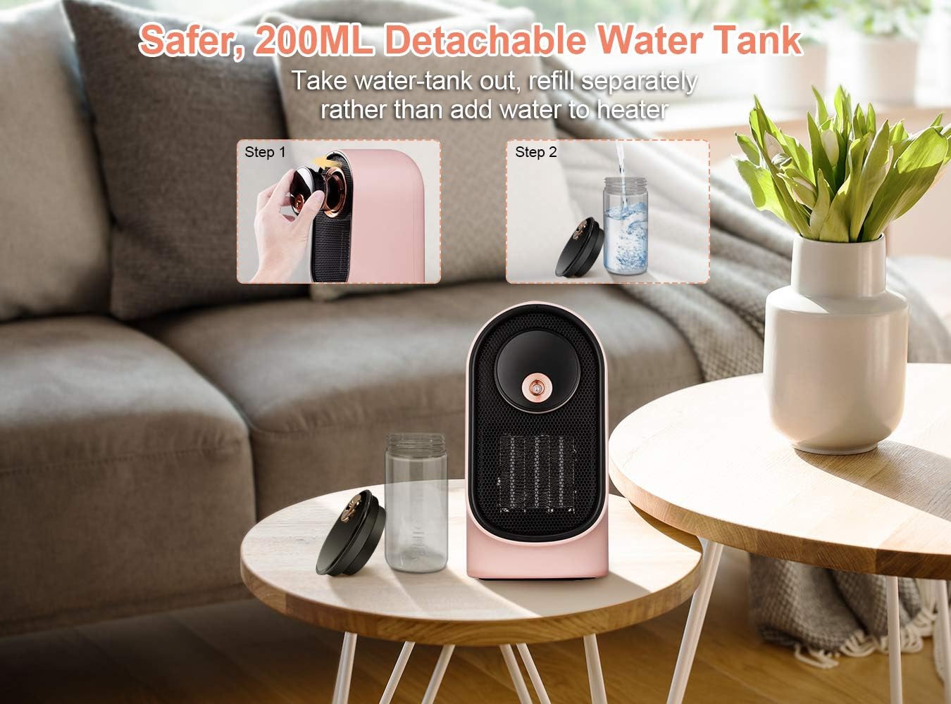 Space Heater, Portable Electric Heater with Humidifier Function, Ceramic Room Small Heater, Fast Heating Heater with Widespread Oscillation, Multi-protection, for Office Desk Bedroom Indoor Use, Pink