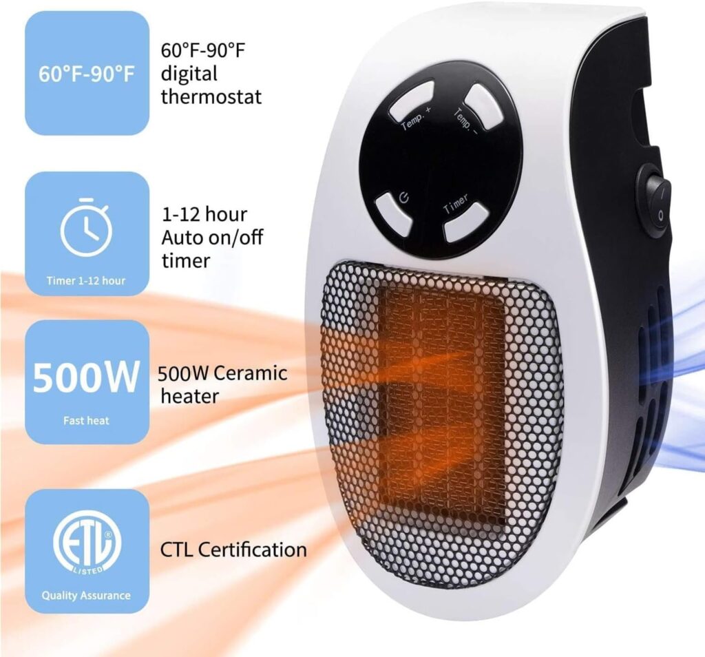 Upgrade Smart Wall Space Heater 500W/800W Portable Electric Small Heater With Adjustable Thermostat and Timer, Overheat Protection, LED Display,Safe Heater for Office Dorm Dog Room (White-500W)