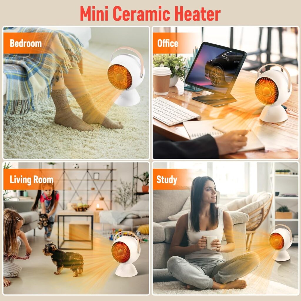 Vclpower Mini Space Heater,Energy Efficient Desktop Heater for Indoor Use,Small PTC Fast Heating Ceramic Electric Heater for Home Bedroom Office Tables and Under Desks (white)