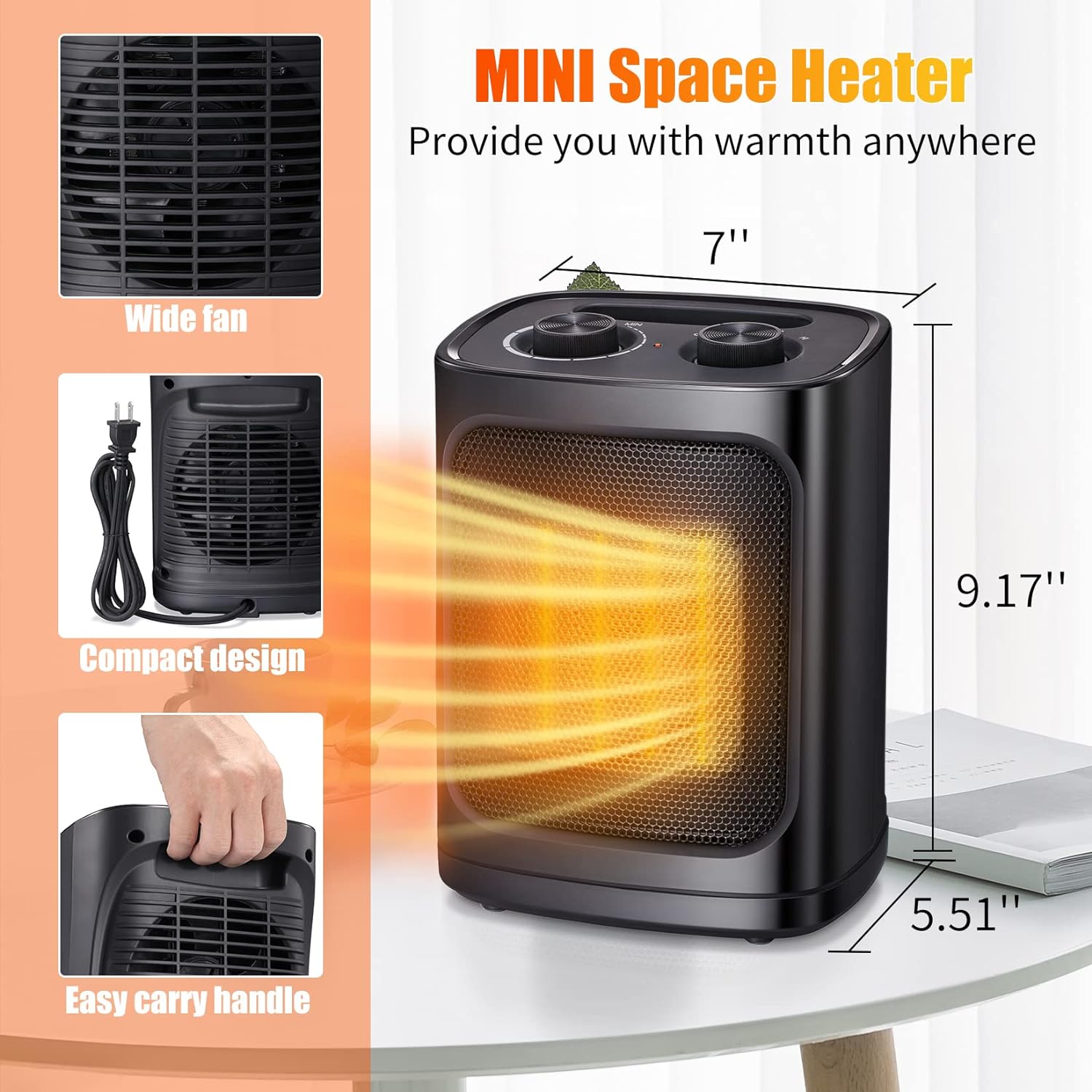 Antarctic Star Space Heater, Portable Electric Heater Ceramic Fan Small Mini Heaters Indoor Use ETL Certified 3 Modes Thermostat, Tip Overheat Protection Quiet Office Room Desk Home,9.1 Inch.