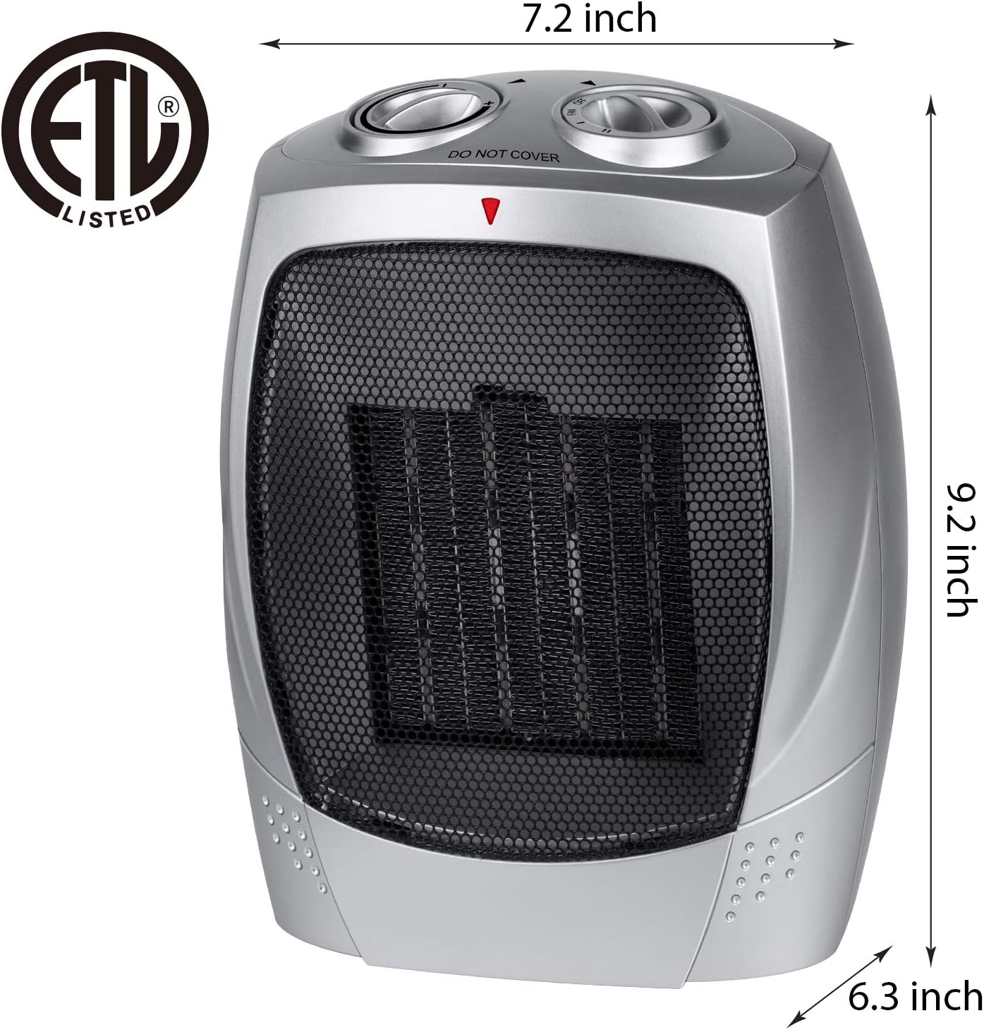 Ceramic Space Heater, 750W/1500W Portable Electric Heater with Adjustable Thermostat, Normal Fan and Safety Tip Over Switch for Bedroom Office Desk Indoor Use (Silver)