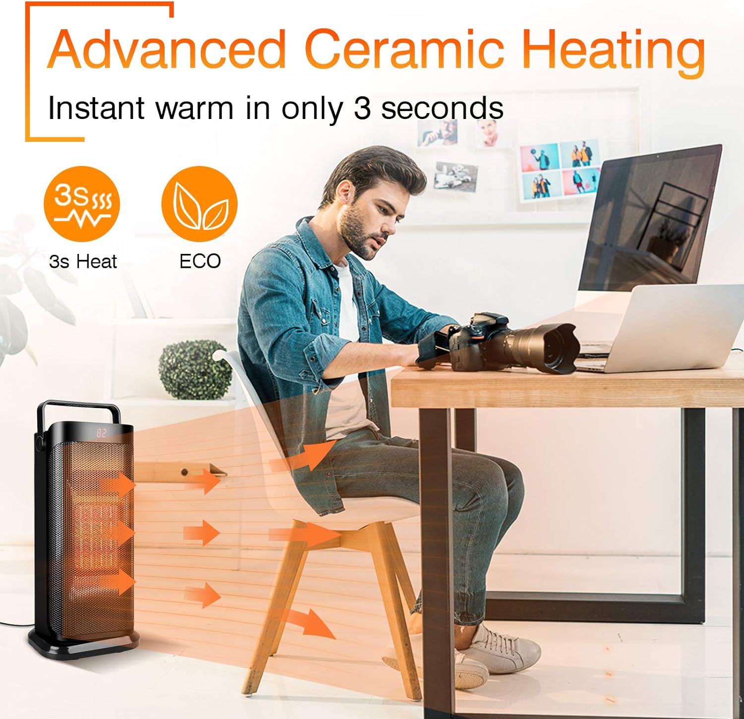 Electric Space Heater for Office - Portable Ceramic Space Heater w/Remote, 120°Oscillating, thermostat, 3 Modes, 12H Timer, Quiet Room Heater for Bedroom, Garage, Office, Home Indoor use