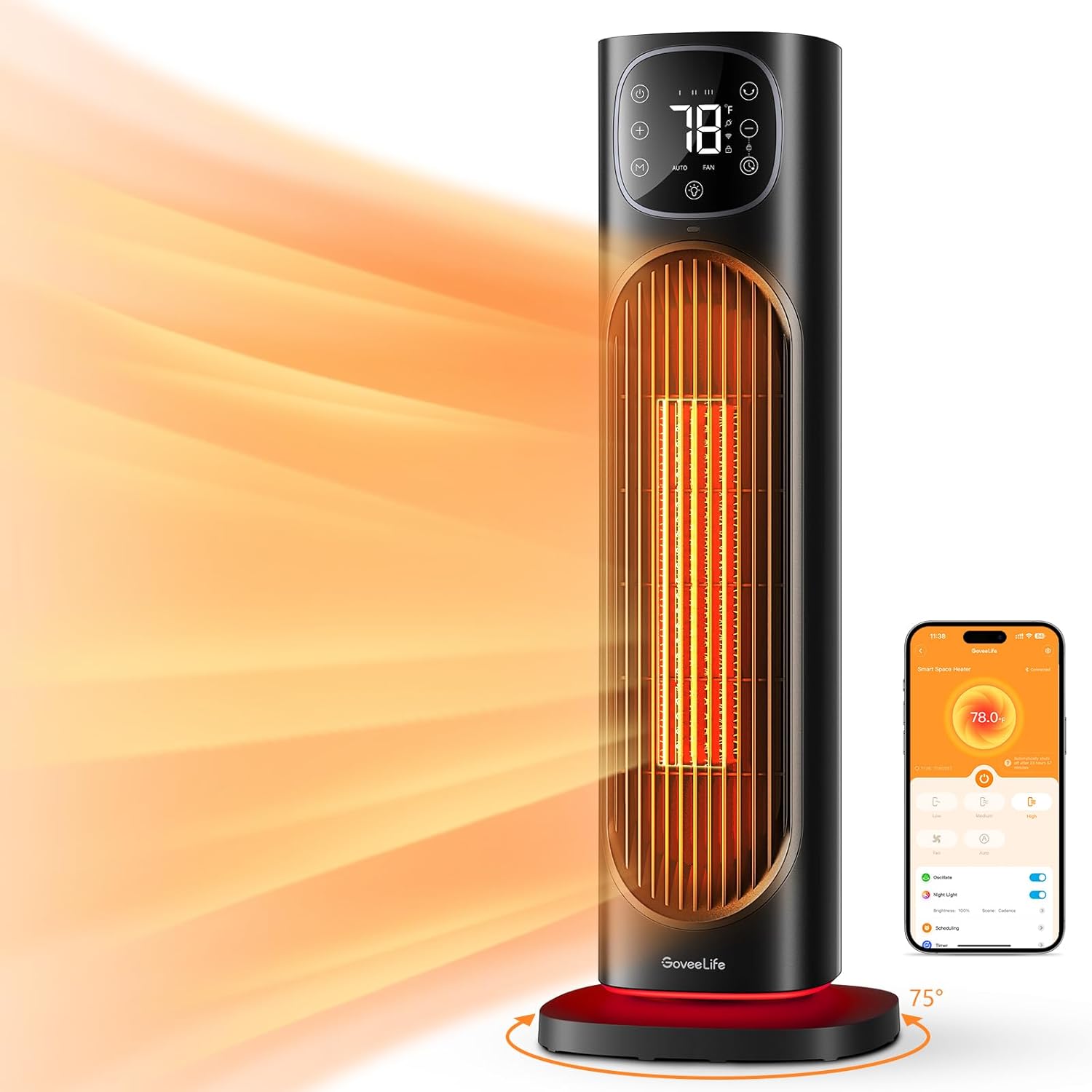 GoveeLife 24 Space Heater, 75° Oscillating Smart Electric Heater with Thermostat, WiFi APP Voice Control, 4 Mode, 24H Timer, Night Light, 1500W Tower Ceramic Heater for Indoor Use, Large Room