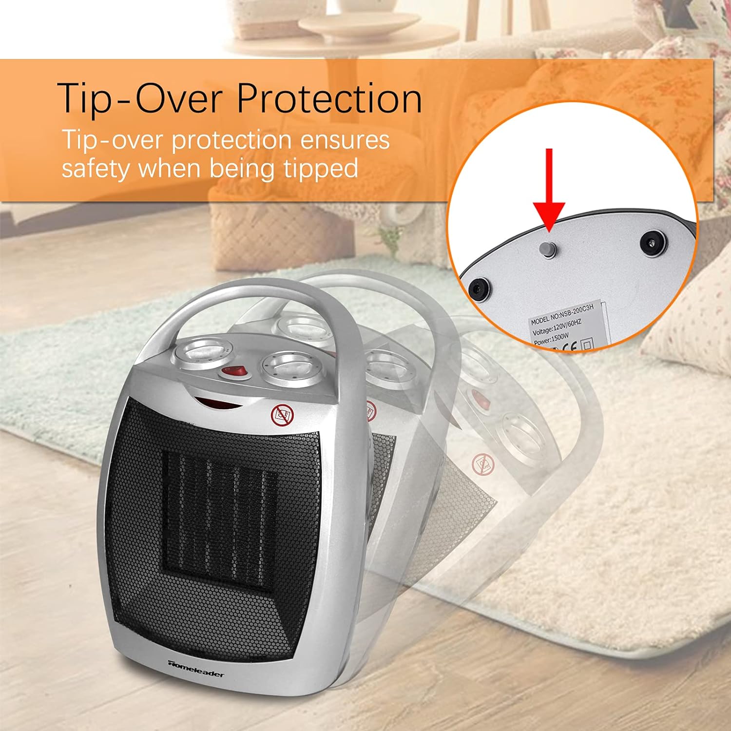 Homeleader Portable Space Heater, Electric Heater with Thermostat, Ceramic Small Heater with Carrying Handle and Tip Over Switch for Home and Office, 750W/1500W
