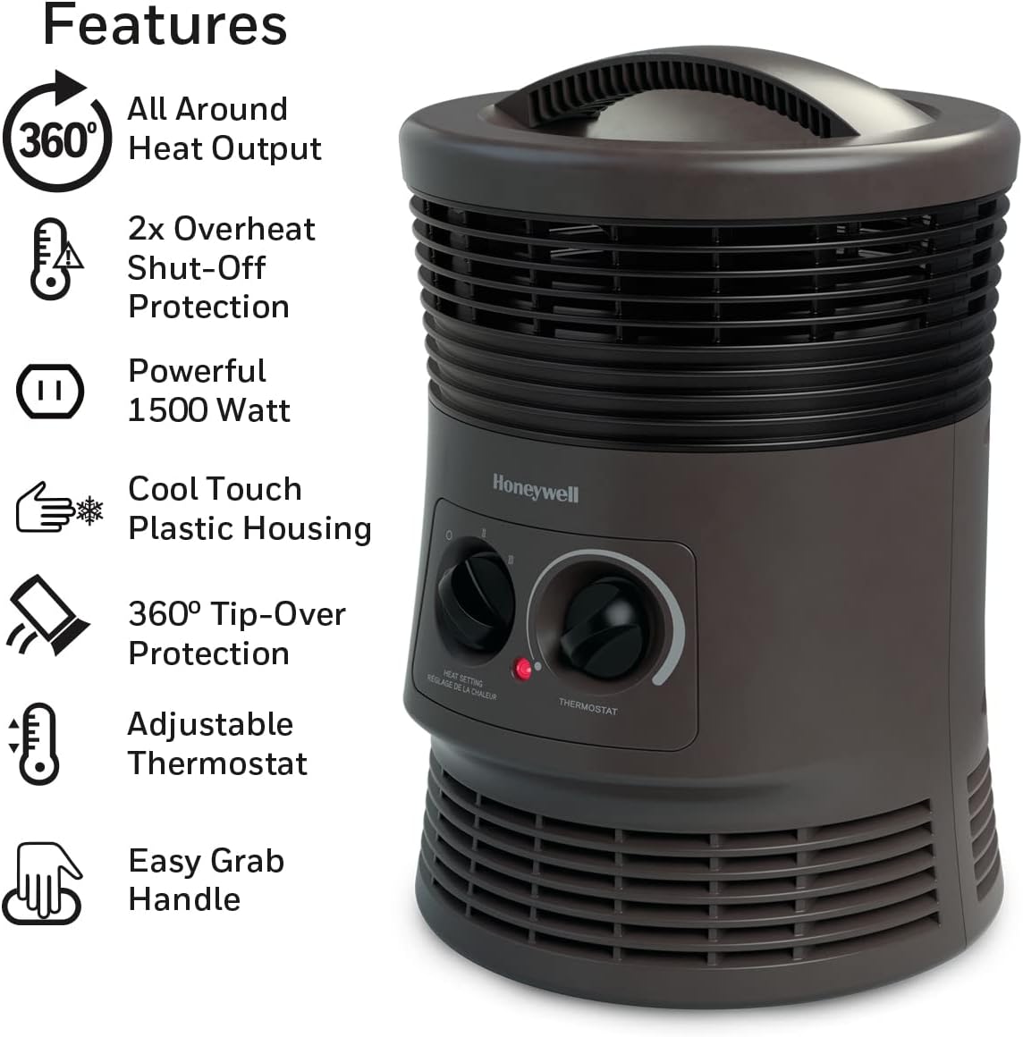 Honeywell HHF360V 360 Degree Surround Fan Forced Heater with Surround Heat Output Charcoal Grey Energy Efficient Portable Heater with Adjustable Thermostat  2 Heat Settings, Small