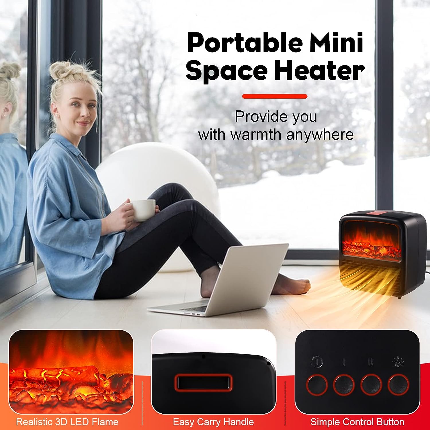 MACALOCA Space Heater, 1500W/1000W Space Heaters for Indoor Use, Energy Efficient Fireplace Dynamic Flame Small Space Heater,PTC Ceramic Fast Heating Portable Space Heater for Office,Home,Bedroom,Desk