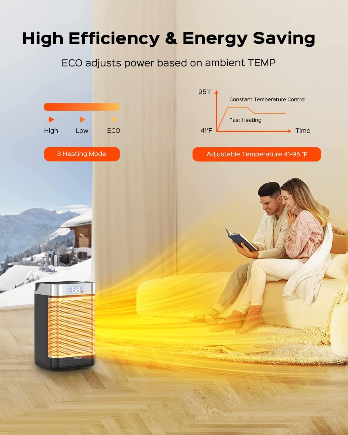 PROUS Space Heaters for Indoor Use, Portable Heater for Bedroom, Small Heater with 70°Oscillation, 1500W Ceramic Electric Heater with Thermostat, Fast Safety Heat, Remote, 1-12h Timer