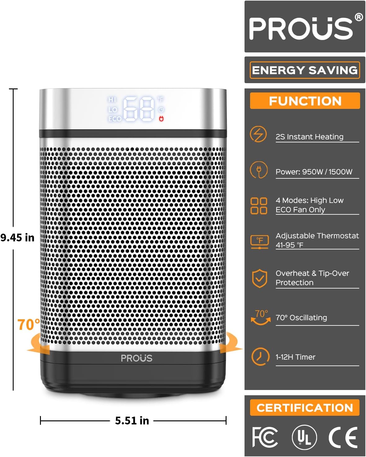 PROUS Space Heaters for Indoor Use, Portable Heater for Bedroom, Small Heater with 70°Oscillation, 1500W Ceramic Electric Heater with Thermostat, Fast Safety Heat, Remote, 1-12h Timer