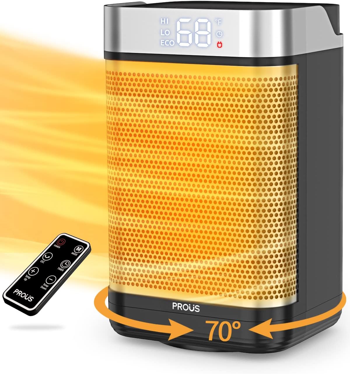 PROUS Space Heaters for Indoor Use, Portable Heater for Bedroom, Small Heater with 70°Oscillation, 1500W Ceramic Electric Heater with Thermostat, Fast Safety Heat, Remote, 1-12h Timer